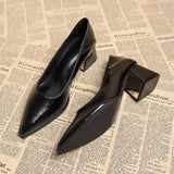 New Thick Heel Shoes High Quality Leather Shoes Shallow Dress Pointed Toe Womens Shoes Shallow Mouth  Women's Pumps