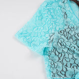 Pbong  Women's Chic Summer Lace Crop Top Light Blue Overlay Tie-Front Design Short Sleeve Two Pieces Design And Stylish Layered Looks
