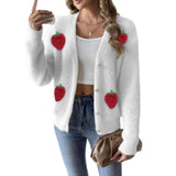 Pbong  Ladies Faux Fur Jacket Pearl Button Embroidered Strawberry Splicing Open Cardigan Polyester Street Style Winter Sweater