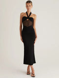 Hollow Out Halter Sexy Maxi Dress Women Gown Summer New See Through Mesh Sleeveless Backless Bodycon Club Long Dress