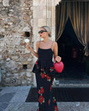 Slim Ruffles Flower Print Sling Top+ Skirts Suit Women's Sleeveless Vest Hip Package Skirt 2 Pieces Set 2025 New Lady Outfits
