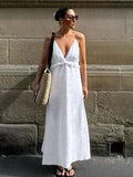Pbong  New Women's V-Neck Halter Backless Dress Loose Ruffle Sleeveless Casual Office Lady High Street Long Dress