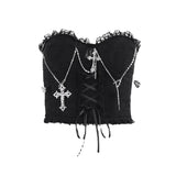 Emo Gothic Cross Chain Crop Tube Top Women's Sexy Harajuku Ruched Lace Trim Strapless E Girl Hippie Party Grunge Tops