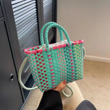 Pbong  Fashion Colorful Woven Mini Tote Bag with Drawstring Closure Lightweight Large Capacity Crossbody Purse for Summer Beach Outings