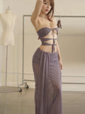 Fashion 2-Piece Set Women Bandage Hollow Vacation Backless Sleeveless Tops+Mesh Folds Elasticity Skirts Matching Suits