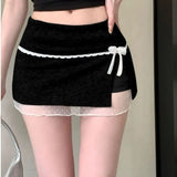 Pbong  A-Line Mini Skirt Women's Clothing Lace Patchwork Jupe Fashion Summer Saia Split Sweet Bow Y2k Skirts