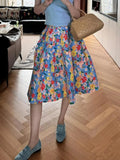Pbong  Retro Floral Midi Skirt Women Elegant High Waist Vintage Ball Gown Skirts Summer Sweet Korean Female Prairie Chic Skirt