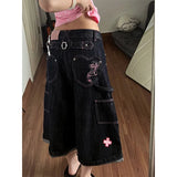Pbong   New Women Sweet Vintage Raw Denim Cargo Pants Summer Pink Embroidery Muscle Design Straight 7/8 Cropped Jeans Streetwear