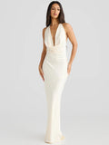 Satin Halter Backless Sexy Maxi Dress Women Gown Elegant Solid Sleeveless Lace-up High Waist Evening Club Long Dress