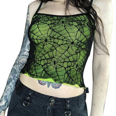 Y2K Mesh Lace Top Gothic High Street Club Sleeveless Sexy Backless Ruffle Crop Top Hip Hop