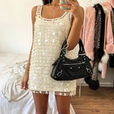 Pbong  Women Sequin Mesh Mini Dress Sleeveless Tie-Back Layered Bodycon Short Dress Coquette Sparkly Party Nightclub Dress