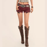 Pbong  Women's Sexy Leopard Spliced Red Denim Shorts Summer Retro Low-Rise Y2K Jean Shorts Summer Korean Fashion Hot Short Pants