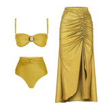 New Aqua blue High Waist Bikini Set Cover Up Swimsuit For Women Push Up Halter Three Pieces Swimwear Beach Bathing Suits