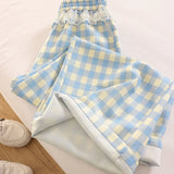 Sweet Lace Plaid Pants Women Patchwork Loose High Waist Wide Leg Trousers Japan Casual Lady Vintage Cute Spring New Pant