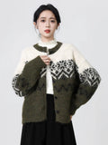 Women O Neck Retro Print Cardigan Sweaters Casual Lazy Wind Long Sleeve Knitted Short Coat Fall Winter Vintage Harajuku Lady Top