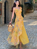 Women Holiday Beach Print Floral Ruffled Long Dress V Neck Sleeveless Spaghetti Strap Fairy Dress Elegant Evening Party Vestidos