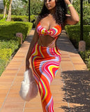 Women Sleeveless V Neck Hollow Out Printed Bodycon Beach Vacation Backless Long Dress Summer Clothes Streetwear
