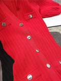 New Red Knitting Long Dress Summer Turn Down Collar Fashion Women Dress Puff Sleeve Single Breasted Elegant Chic Vestido