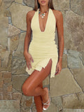 Halter Backless Sexy Mini Dress Women Summer New Solid Lace V Neck Sleeveless High Waist Ruched Split Club Dress