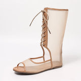 Pbong  Mesh Fishmouth Mid Calf Boots, Lace Up Open Toe Flat Booties, Summer Breathable Casual Shoes for Women