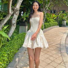 Jacquard White Summer Mini Dresses Women French Style Vintage Sexy A Line Corset Dress N33-