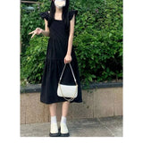 Pbong  Black Summer New Women's Dress Sleeveless High Waist A-Line Skirt Clean Fit Cotton Fabric Square Collar Backless Fashion