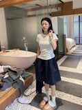 Navy Blue Elastic Waist Skirt Female Faldas Niche Summer High-waisted Slimming Puffy Skirt Y2k Korean A-line Skirts