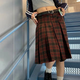 Women Pleated Plaid Skirt Vintage Preppy Style Mid Length Skirt Harajuku Korean Fashion Retro Japanese Classic Basic