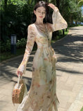 Autumn Women Printed A-line Long Dresses Elegant Flare Sleeve V-neck Dress Vintage Casual Birthday Vestidos Female Clothes New