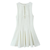Bow Hollow Out Pleated Dress Women Lace Up Sleeveless O-Neck Slim Fit Fluffy Gown Waist Cinched Dress Woman 2025 Summer Dresses