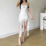 Asymmetrical Mesh Ruffle Dresses for Women Y2k Summer Sexy Spaghetti Strap Backless Mini Dress Black White