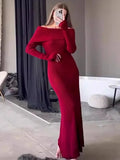 Fashion Knit Long Dress Off-Shoulder Female Ribbed Loose High Waist Elegant Autumn Party Dress Ladies Knitwear Maxi Dress