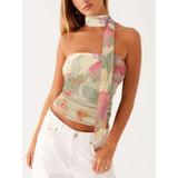 y2k Tube Tops with Scarf Women Sexy Cothes Floral Printed Off Shoulder Strapless T Shirts Bandeau Vest Club Streetwear