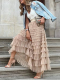 HOUZHOU Solid Multilayer Ruffle Mesh Skirt Women Boho High Waist Long Maxi Tulle Skirt Spring Summer Party Women's Clothing