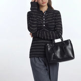 American Simple All Match Turn Down Collar Long Sleeve T Shirts Y2k Constrast Color Striped Pleated Clothes Harajuku French Tops