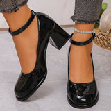 Pbong  Ankle Strap Chunky Heel Mary Janes Pumps Women Fashion Black Patent Leather Dress Shoes Woman Elegant Round Toe High Heels Pumps