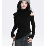 Personality Hollow Out Design Base Sweaters Harajuku Japan Y2k Aesthetic Half High Collar Tops Korean Asymmetrical Clothes