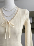 Long Sleeves Knit Top with Lace Trim Bow Front Solid Cute Bodycon Fitted T-Shirt Teen-girl Y2K Fairycore Clothes Spring Autumn