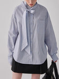Pbong  Korean Elegant Blouses Striped Lace-up Pockets Long Sleeve Shirts Fashion Loose All Match Tops New Design Women Clothing
