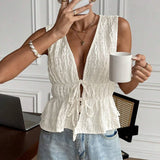Women's Tanks Deep V-Neck Tie Detail Sleeveless Solid Color Top Summer Casual Chic Style Tanks