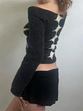 Women's Knit Tops Off Shoulder Slim Sweater Graphic Print Long Sleeve Knitwear Spring Fall Y2K Aesthetic Streetwear