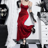 Christmas Red Velevt Dress Women Elegant Mall Goth Fairy Grunge Spaghetti Strap Rose Patchwork Trumpet Dress Partywear
