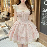 Pbong  WomenS Pink Floral Lace Ruffled Mini Dress Square Neck Tiered Skirt Sweet Lolita Style Party Dress