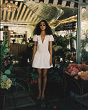 Puff Sleeve Sweet Chic Short Dress High Wasit Fashion Pleated White Summer Dress 2025 V-neck Turn Down Collar Vacation Vestidos