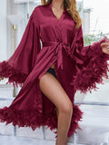 Pbong  Women Satin Robe Sleepwear Solid Color Casual Feather Trim Long Sleeve Pajama Dress Ladies Loungewear Nightwear Bathrobe