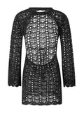 Pbong  Women Knit Hollow Out Dress Long Sleeve Round Neck Backless Short Dress Summer Fall Beach Club Party Wrapped Dreses
