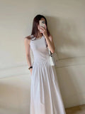 Korean Style round Neck Slim Fit Splice Pleated Maxi Dress Women's Sleeveless Dress Spring  Elegant Long Skirt