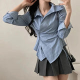 Fashion Slim Striped Shirt Women Elegant Korean Long Sleeve Blouse Casual Irregular Female Spring Sweet Chic All Match Top
