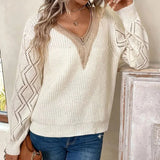 Pbong  Solid V Neck Knitted Sweater, Hollow Out Long Sleeve Casual Sweater For Fall Winter Women's Clothing