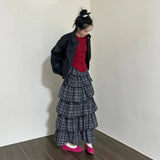 Vintage Ruffle Plaid Skirt Women Elegant Sweet Long Skirts Japanese Style Streetwear Fashion Patchwork Layered Skirt